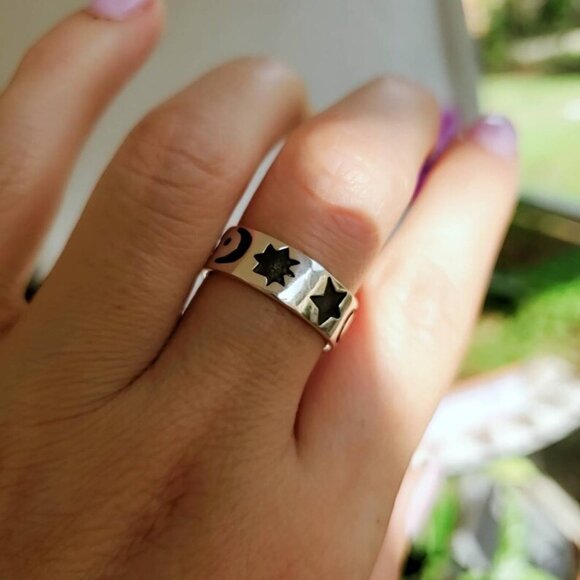 Moon Star Ring Band, Celestial Ring, Crescent Ring, Sterling Silver Women Ring, - Picture 2 of 9